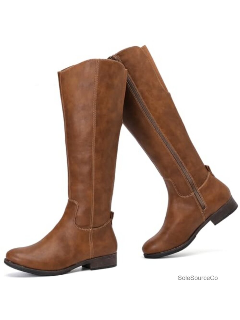 Faux Leather Knee High Riding Boots Round Toe Side Zip Flat